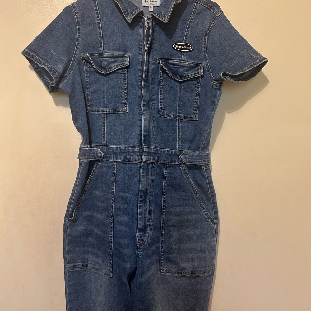 Juicy Couture Women’s Denim Jumpsuit Sz L Blue Stretch Y2K - Picture 1 of 16
